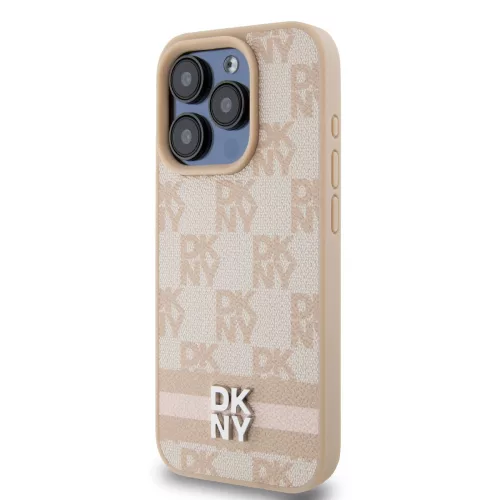 DKNY PU Leather Checkered Pattern and Stripe tok, iPhone 15 Pro - rózsaszín