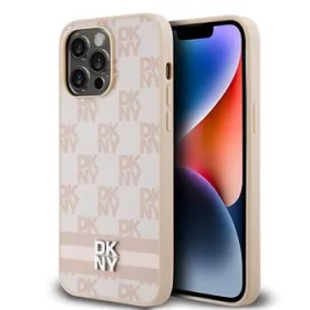   DKNY PU Leather Checkered Pattern and Stripe tok, iPhone 15 Pro Max - rózsaszín