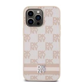   DKNY PU Leather Checkered Pattern and Stripe tok, iPhone 15 Pro Max - rózsaszín