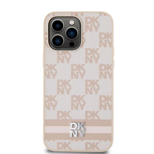 DKNY PU Leather Checkered Pattern and Stripe tok, iPhone 15 Pro Max - rózsaszín