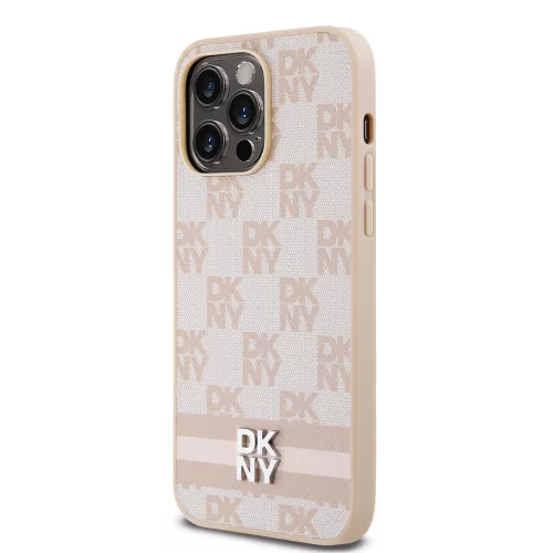 DKNY PU Leather Checkered Pattern and Stripe tok, iPhone 15 Pro Max - rózsaszín