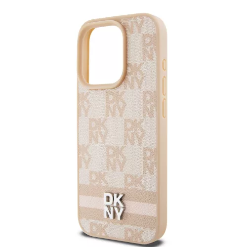 DKNY PU Leather Checkered Pattern and Stripe tok, iPhone 15 Pro Max - rózsaszín