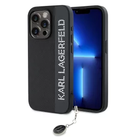   Karl Lagerfeld PU Saffiano Rhinestone Charm tok, iPhone 15 Pro - fekete