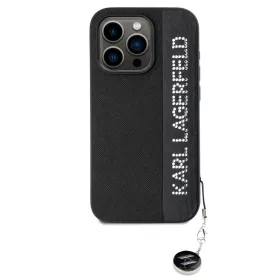   Karl Lagerfeld PU Saffiano Rhinestone Charm tok, iPhone 15 Pro - fekete