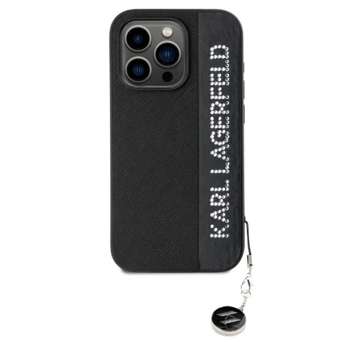 Karl Lagerfeld PU Saffiano Rhinestone Charm tok, iPhone 15 Pro - fekete