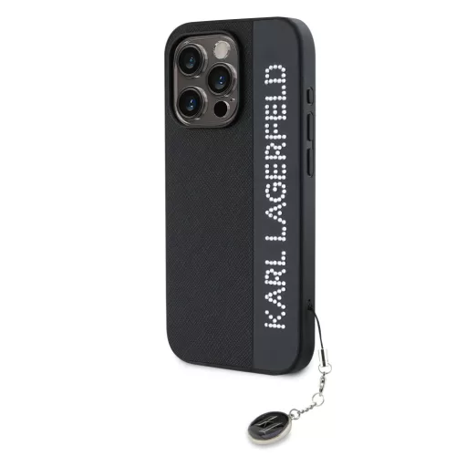 Karl Lagerfeld PU Saffiano Rhinestone Charm tok, iPhone 15 Pro - fekete