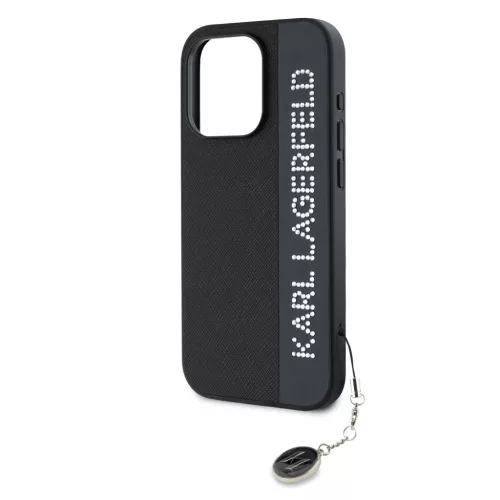 Karl Lagerfeld PU Saffiano Rhinestone Charm tok, iPhone 15 Pro - fekete