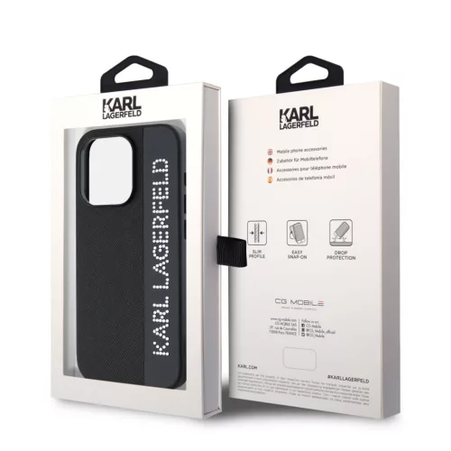 Karl Lagerfeld PU Saffiano Rhinestone Charm tok, iPhone 15 Pro - fekete