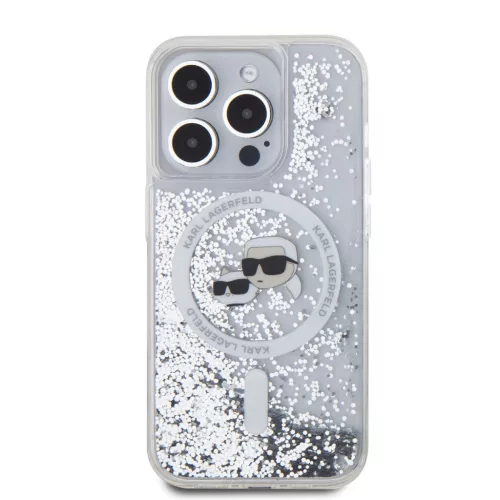 Karl Lagerfeld Liquid Glitter Karl and Choupette Heads MagSafe iPhone 15 Pro tok – átlátszó