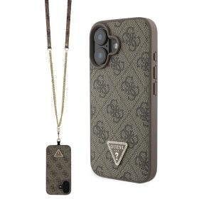   Guess PU 4G Strass Triangle Metal Logo fém logóval hátlap + vállpánt iPhone 16 - barna