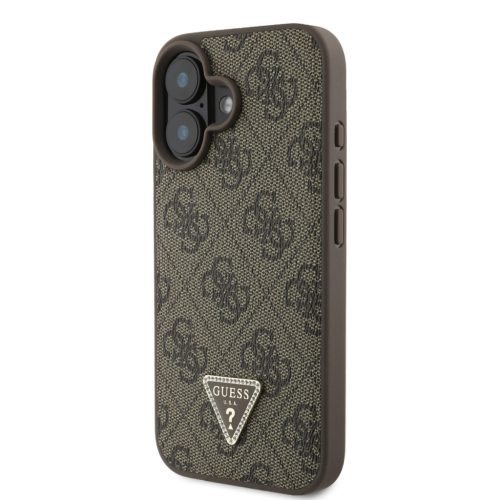 Guess PU 4G Strass Triangle Metal Logo fém logóval hátlap + vállpánt iPhone 16 - barna