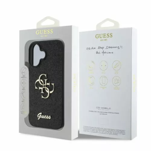Guess PU Fixed Glitter 4G Metal Logo tok, iPhone 16 - fekete