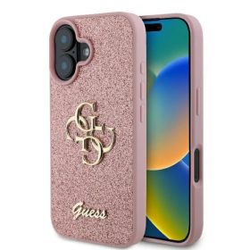   Guess PU Fixed Glitter 4G Metal Logo tok, iPhone 16 - rózsaszín