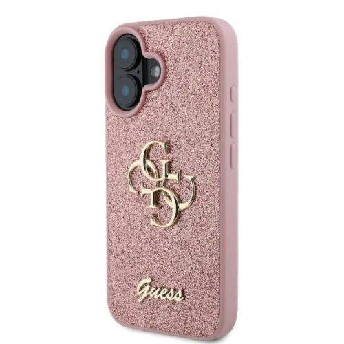 Guess PU Fixed Glitter 4G Metal Logo tok, iPhone 16 - rózsaszín