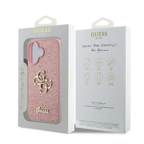 Guess PU Fixed Glitter 4G Metal Logo tok, iPhone 16 - rózsaszín
