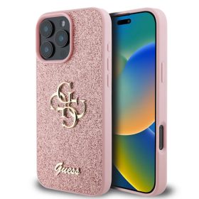   Guess PU Fixed Glitter 4G Metal Logo tok, iPhone 16 Pro - rózsaszín