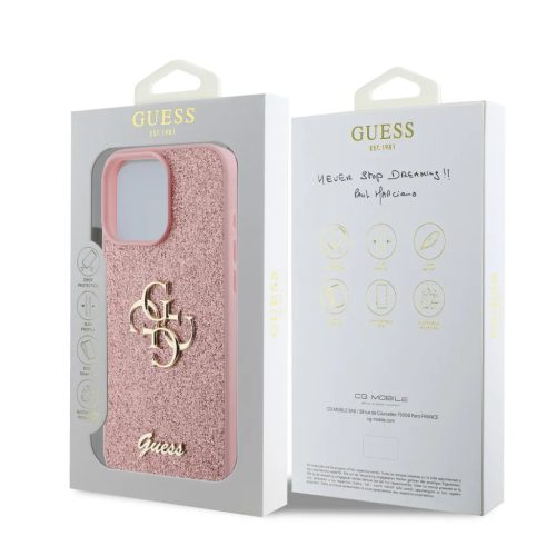 Guess PU Fixed Glitter 4G Metal Logo tok, iPhone 16 Pro - rózsaszín
