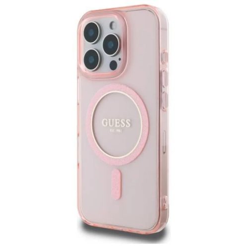 Guess IML Glitter Ring MagSafe tok, iPhone 16 Pro - rózsaszín