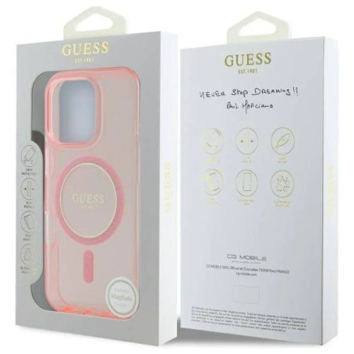 Guess IML Glitter Ring MagSafe tok, iPhone 16 Pro - rózsaszín