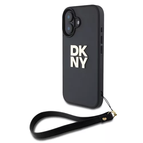 DKNY PU Leather Stack Logo Wrist Strap tok, iPhone 16 - fekete