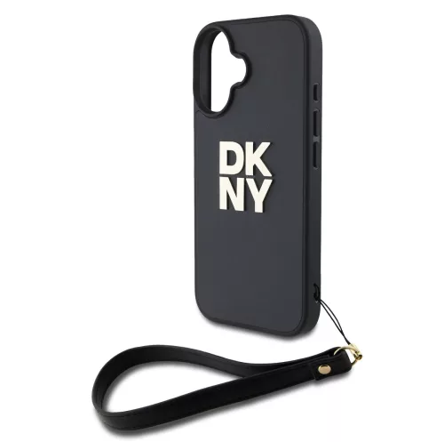 DKNY PU Leather Stack Logo Wrist Strap tok, iPhone 16 - fekete