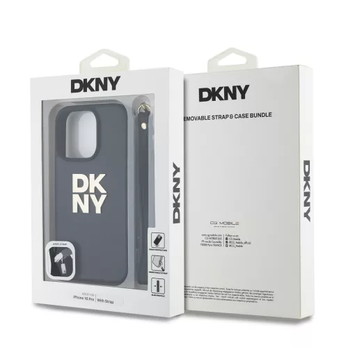 DKNY PU Leather Stack Logo Wrist Strap tok, iPhone 16 Pro - fekete