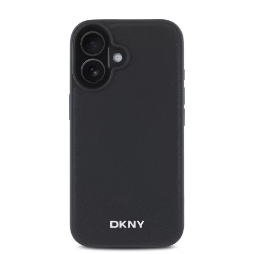 DKNY PU Leather Silver Metal Logo Magsafe tok, iPhone 16 Plus - fekete