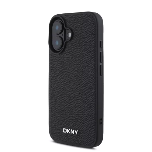 DKNY PU Leather Silver Metal Logo Magsafe tok, iPhone 16 Plus - fekete