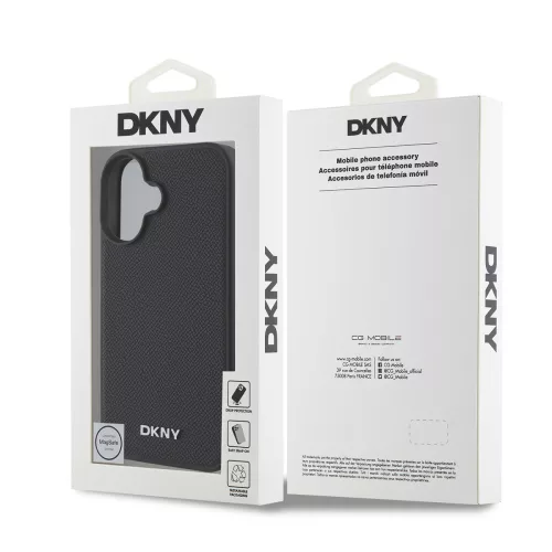 DKNY PU Leather Silver Metal Logo Magsafe tok, iPhone 16 Plus - fekete