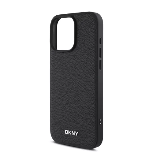 DKNY PU Leather Silver Metal Logo Magsafe tok, iPhone 16 Pro - fekete