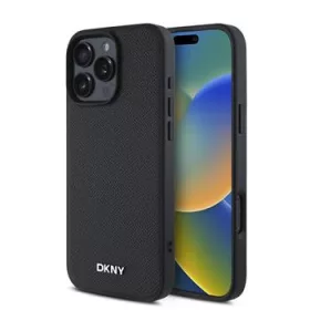   DKNY PU Leather Silver Metal Logo Magsafe tok, iPhone 16 Pro Max - fekete