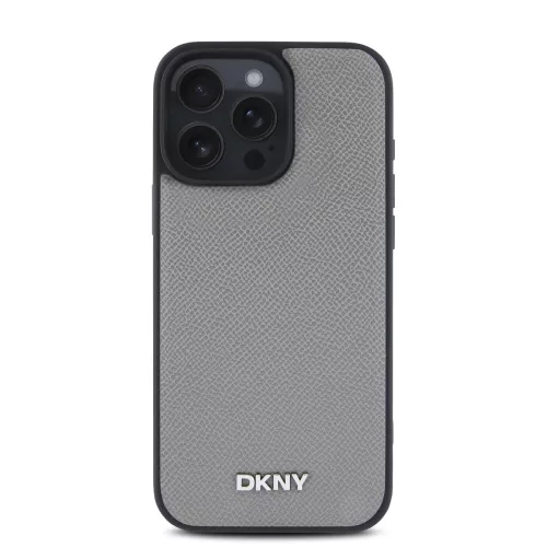 DKNY PU Leather Silver Metal Logo Magsafe tok, iPhone 16 Pro - ezüst
