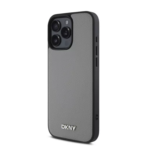 DKNY PU Leather Silver Metal Logo Magsafe tok, iPhone 16 Pro - ezüst