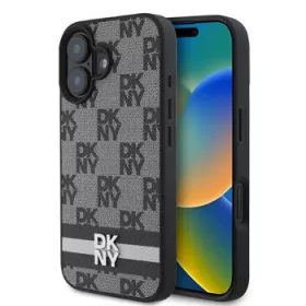   DKNY PU Leather Checkered Pattern and Stripe tok, iPhone 16 - fekete