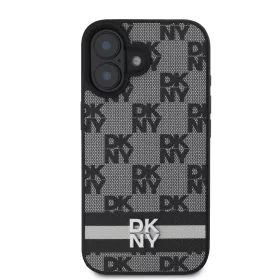   DKNY PU Leather Checkered Pattern and Stripe tok, iPhone 16 - fekete