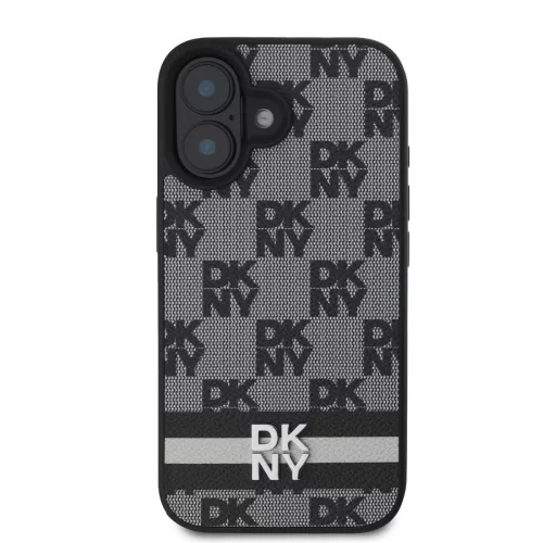 DKNY PU Leather Checkered Pattern and Stripe tok, iPhone 16 - fekete