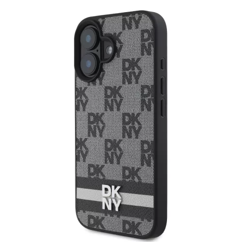 DKNY PU Leather Checkered Pattern and Stripe tok, iPhone 16 - fekete