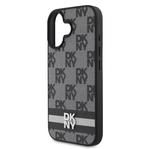 DKNY PU Leather Checkered Pattern and Stripe tok, iPhone 16 - fekete