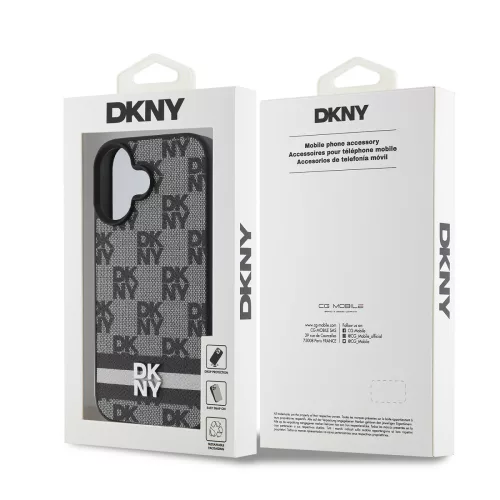 DKNY PU Leather Checkered Pattern and Stripe tok, iPhone 16 - fekete