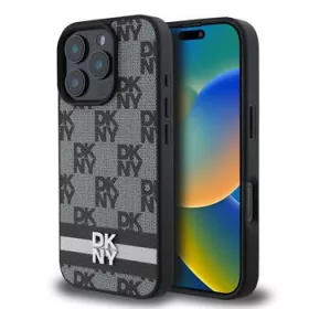   DKNY PU Leather Checkered Pattern and Stripe tok, iPhone 16 Pro - fekete