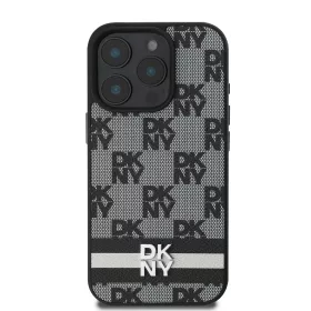   DKNY PU Leather Checkered Pattern and Stripe tok, iPhone 16 Pro - fekete
