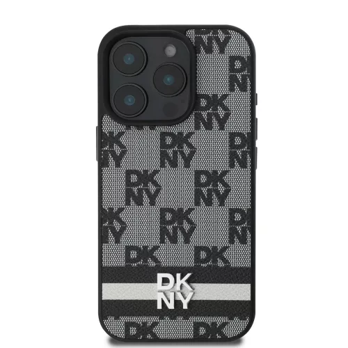 DKNY PU Leather Checkered Pattern and Stripe tok, iPhone 16 Pro - fekete