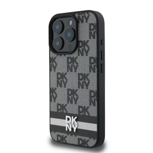 DKNY PU Leather Checkered Pattern and Stripe tok, iPhone 16 Pro - fekete