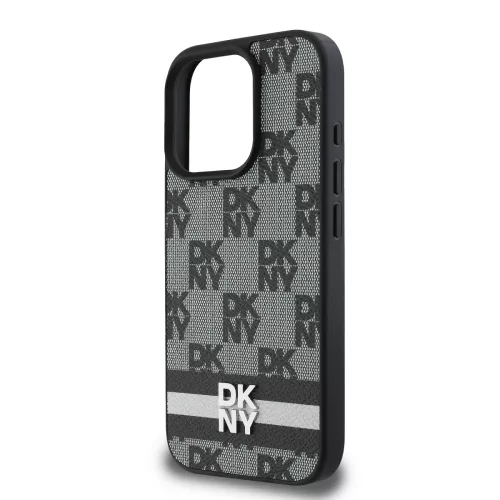DKNY PU Leather Checkered Pattern and Stripe tok, iPhone 16 Pro - fekete