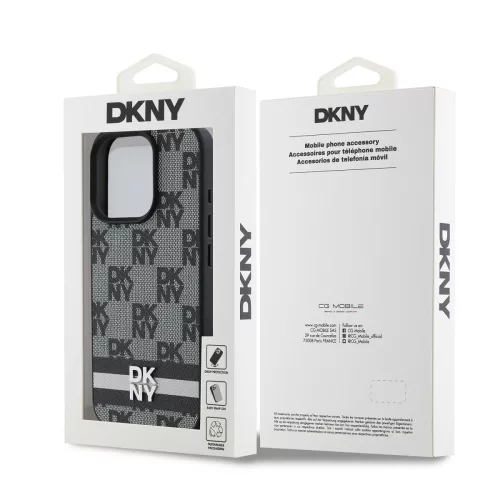 DKNY PU Leather Checkered Pattern and Stripe tok, iPhone 16 Pro - fekete