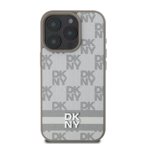 DKNY PU Leather Checkered Pattern and Stripe tok, iPhone 16 Pro - bézs
