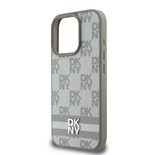 DKNY PU Leather Checkered Pattern and Stripe tok, iPhone 16 Pro - bézs