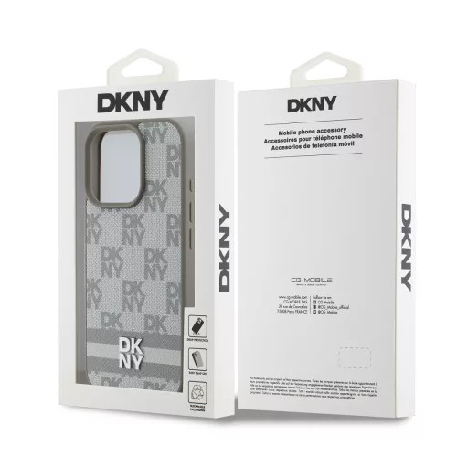DKNY PU Leather Checkered Pattern and Stripe tok, iPhone 16 Pro - bézs