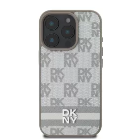   DKNY PU Leather Checkered Pattern and Stripe tok, iPhone 16 Pro Max - bézs