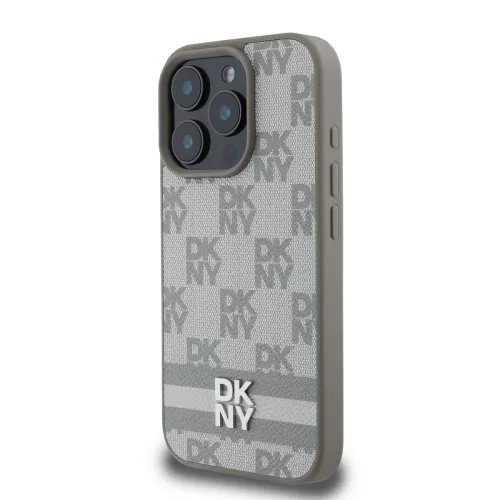 DKNY PU Leather Checkered Pattern and Stripe tok, iPhone 16 Pro Max - bézs